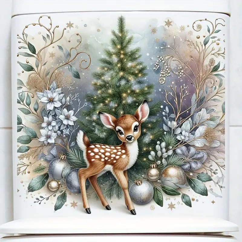 DIDOSOFT Christmas Festive Deer and Tree Toilet Cover Sticker Decals,Fish Bird Flower Leaf Waterproof Toilet Lid Tank Seat Decals Cistern Self-Adhesive Bathroom Wall Sticker - Image 1